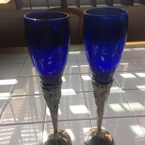 Silver plated cobalt blue fluted Champaign glasses